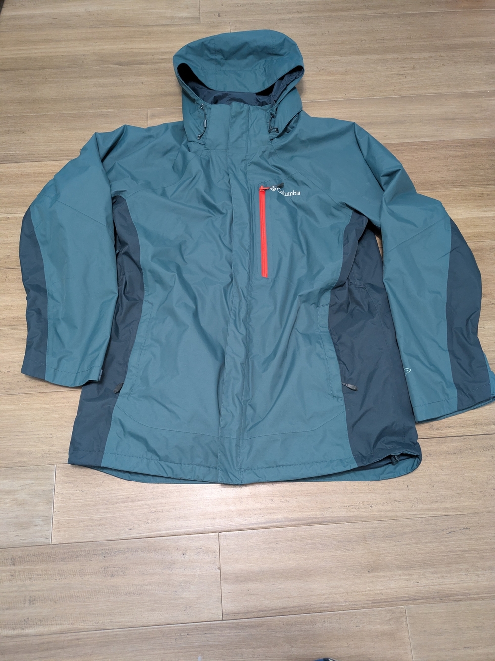 Columbia Men's Blue Hooded Raincoat with Dark Gray Panels and Red Zip